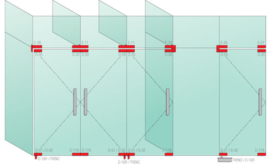 Esquema 1 / Frente de vidrio compuesto por herrajes de las líneas D y E.