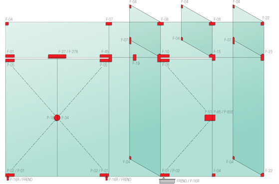 Esquema 2 / Frente de vidrio compuesto por herrajes de las líneas F y P.